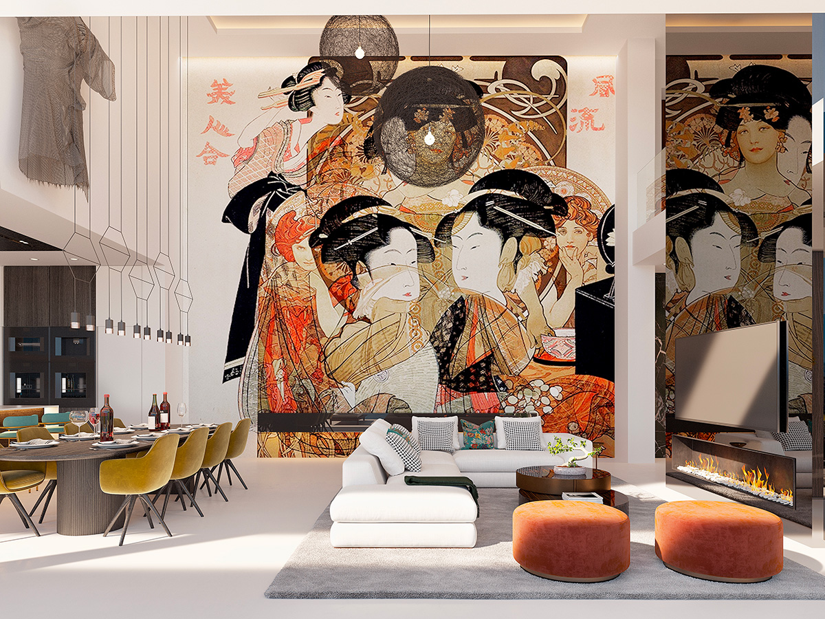 This villa takes on an oriental look with warm, strong colours and contrasting patterns