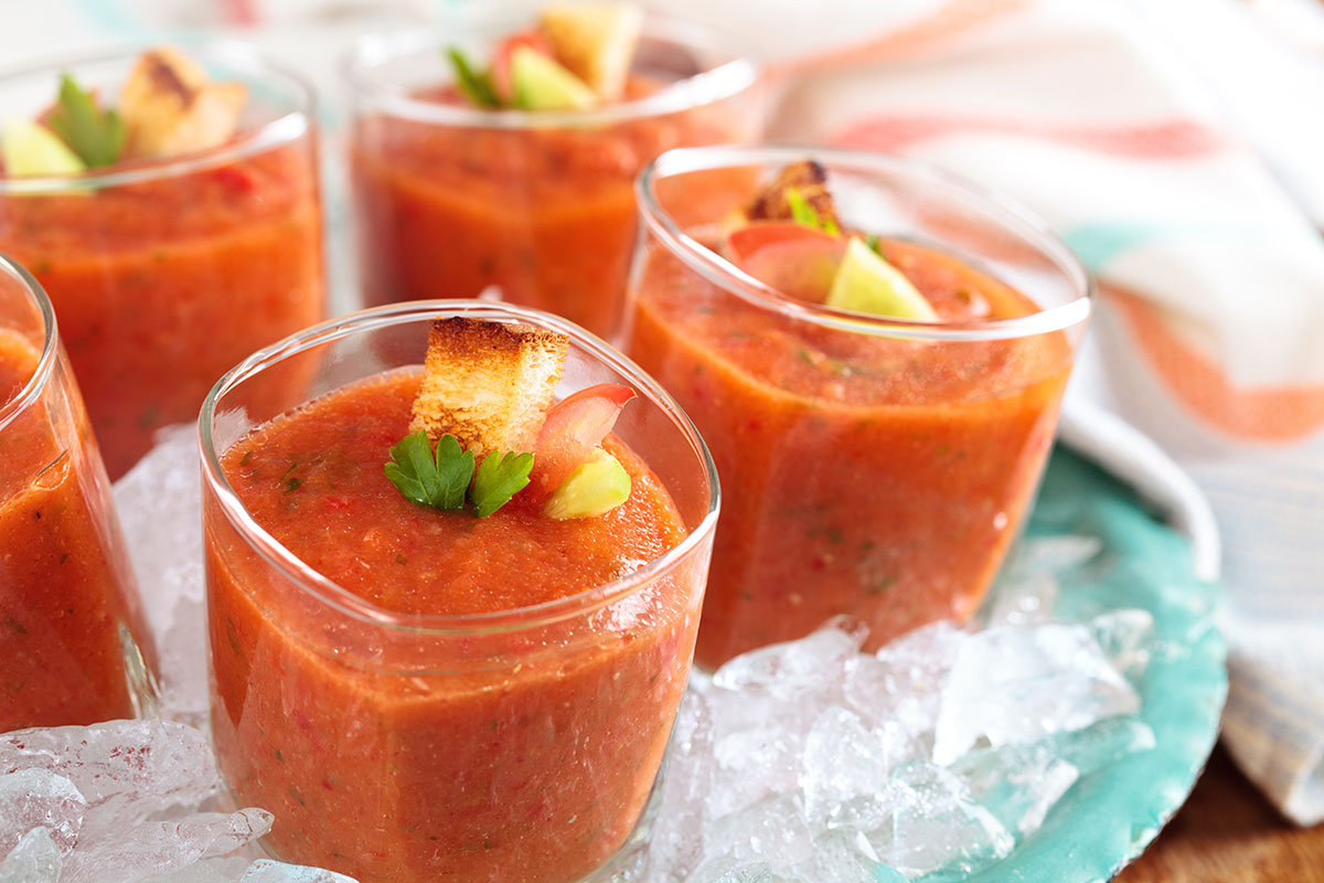 Gazpacho, traditionally served chilled in a glass