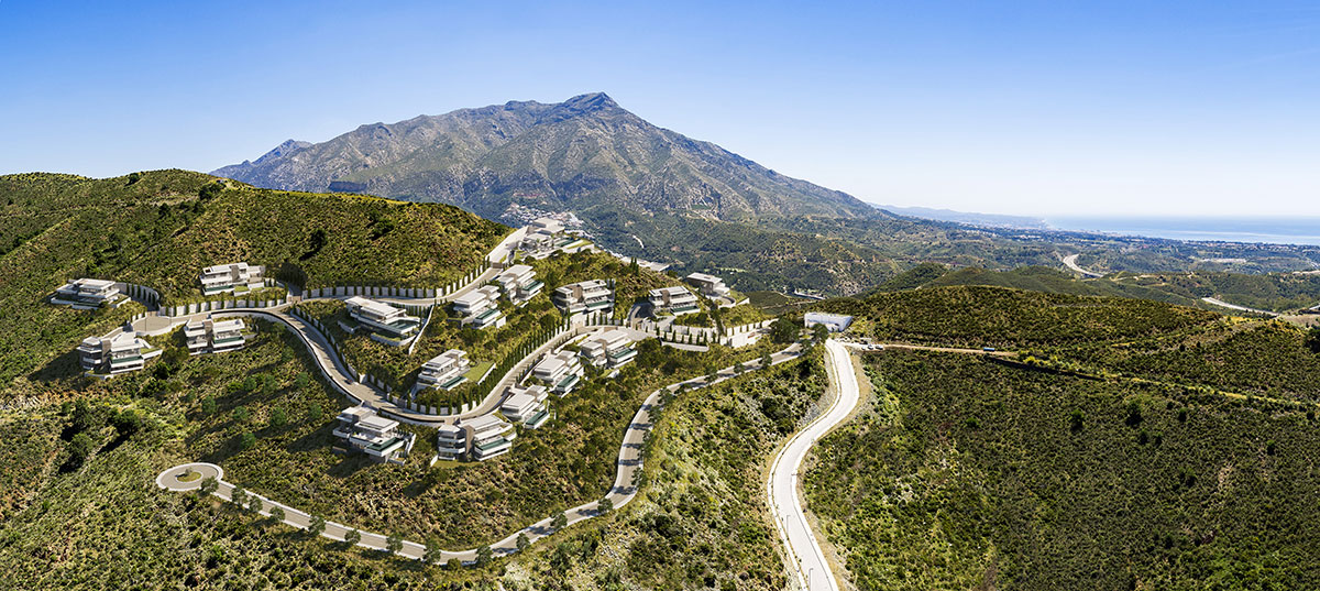 Panoramic view showing the western side of Vista Lago Residences, La Concha mountain and the Mediterranean Sea