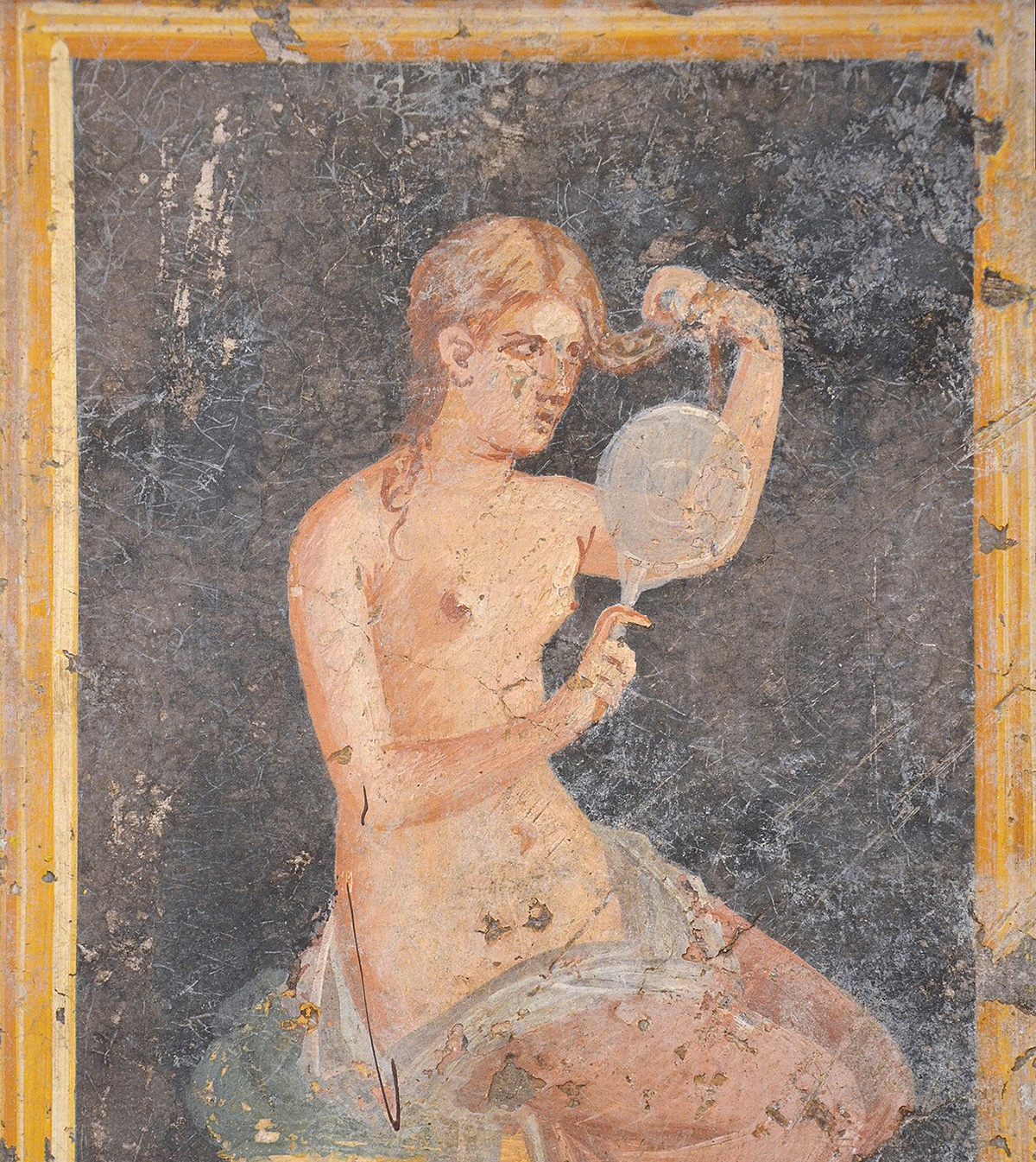 fresco showing a woman looking in a mirror,