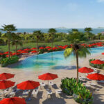 La Zambra hotel pool with distinctive red parasols