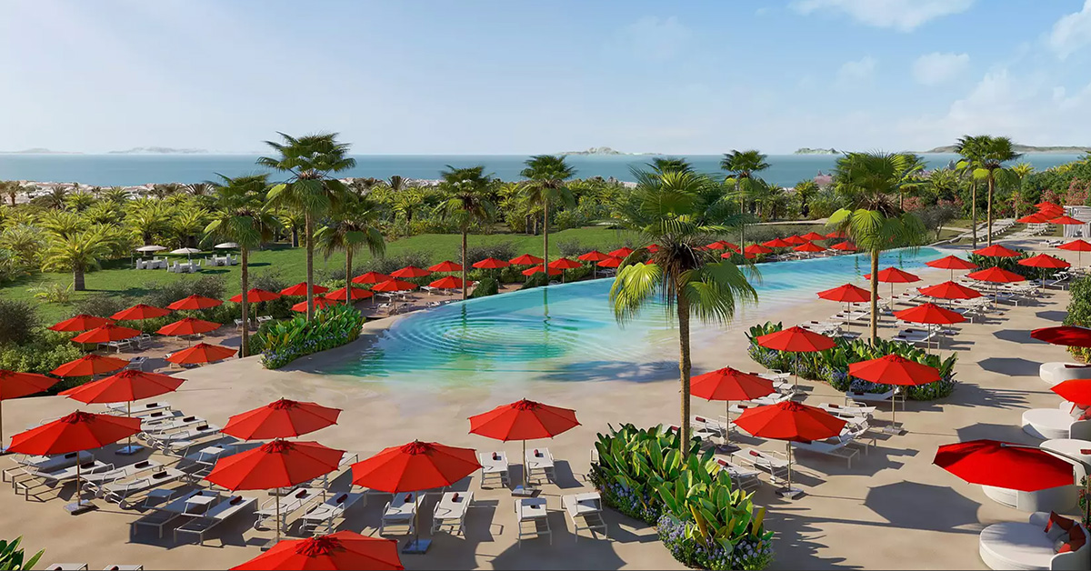 La Zambra hotel pool with distinctive red parasols