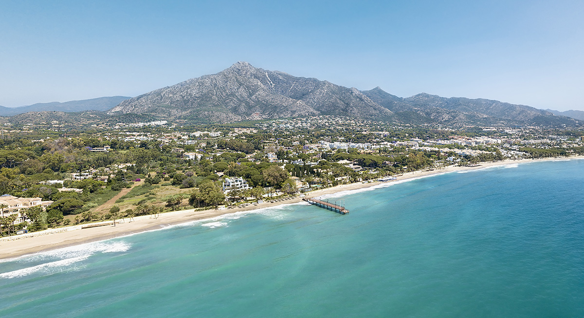 Marbella seafront and La Concha mountain, seen from the air
