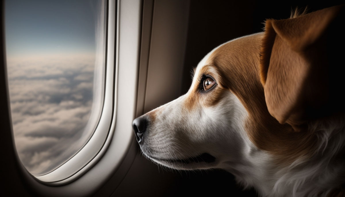 Artists image of dog loking out of plane window
