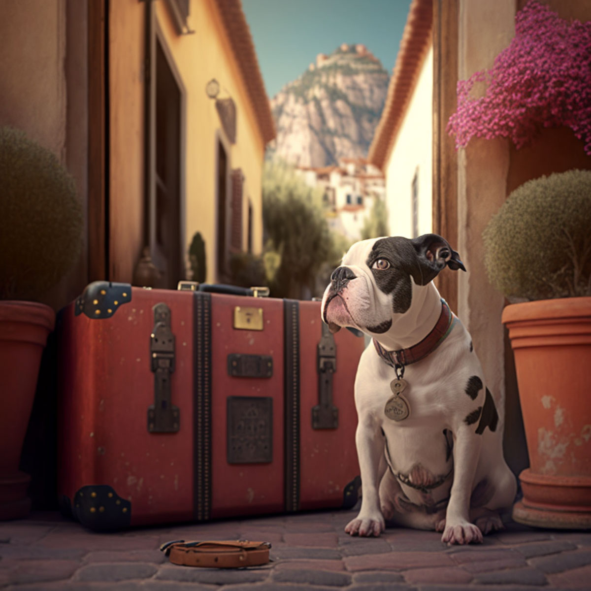 Dog with suitcase on holiday