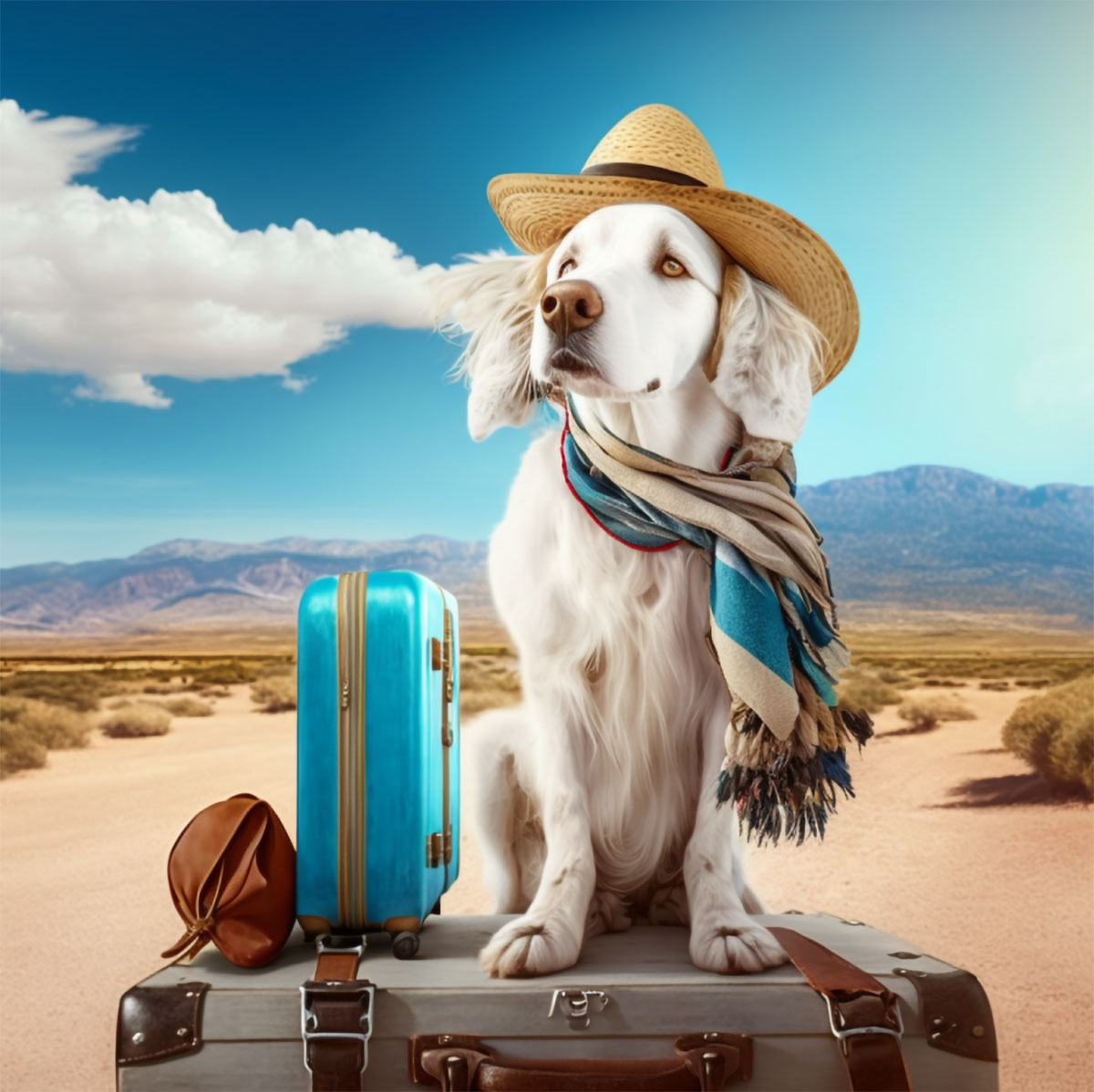 Dog with suitcase on beach
