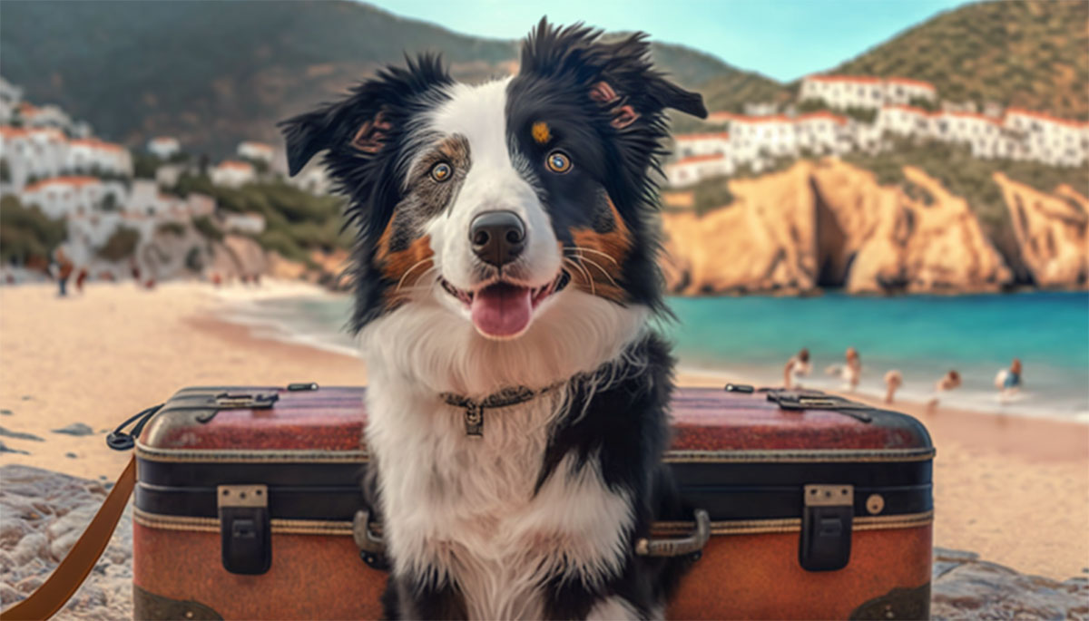 Dog with suitcase on beach