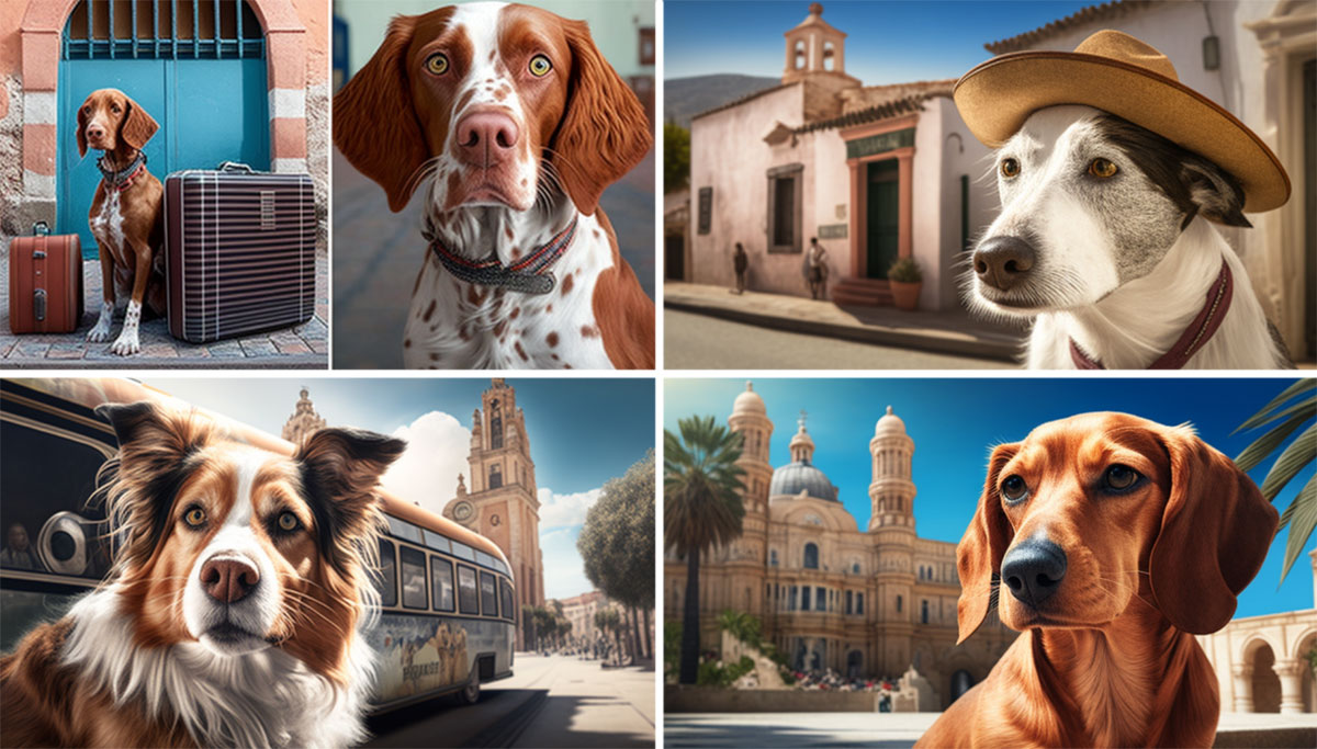 four images of dogs on holiday