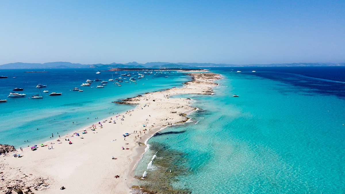 Aerial view of the beaches of Ses Illetes on the island of Formentera