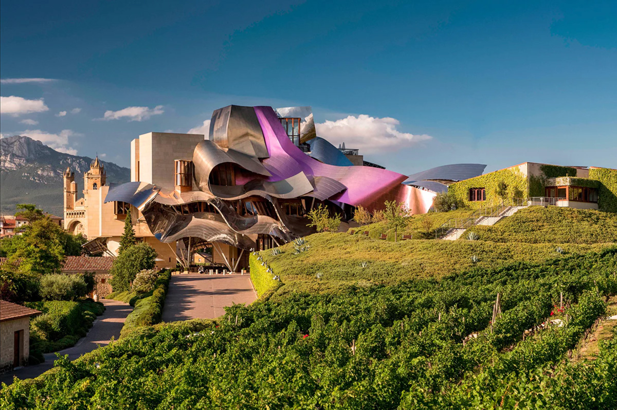 Hotel Marqués de Riscal in the rolling vineyards of Spain’s Rioja Alavesa region,.