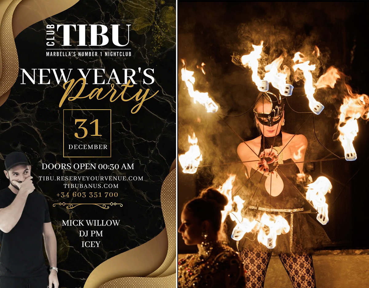 Poster for TIBU New Years eve party, and Breathe “On Fire”