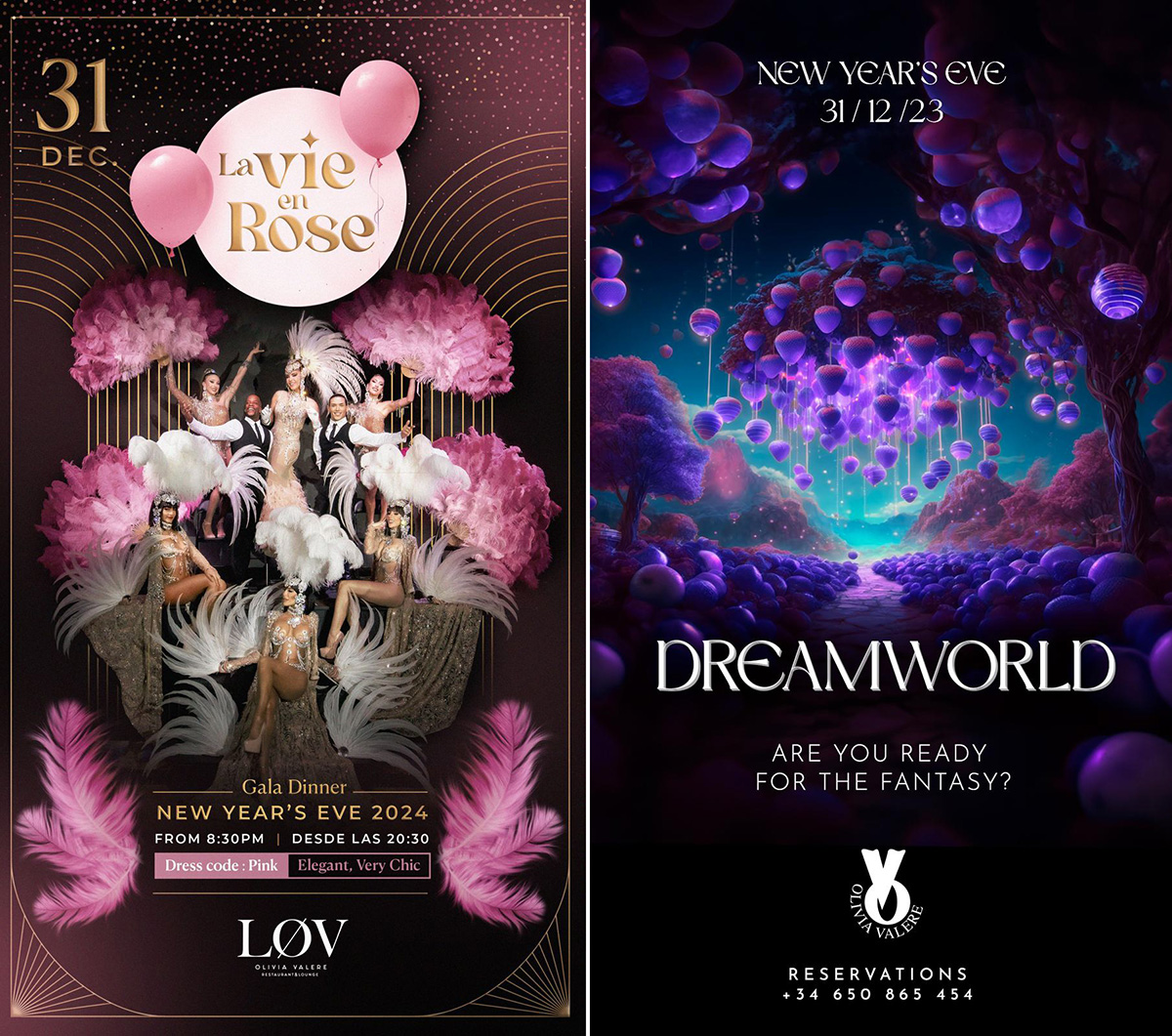 Posters for New Years eve Gala dinner and Dreamworls disco at Olivia Valere,