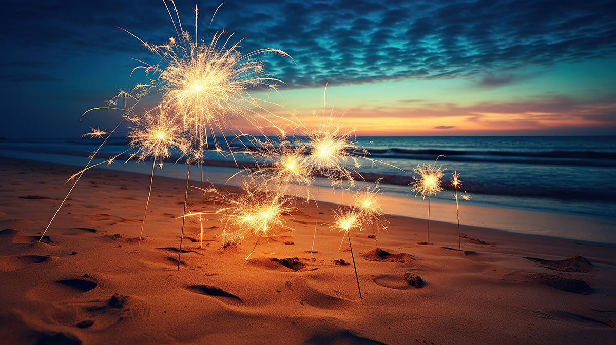 Sparklers on the beach at sunset