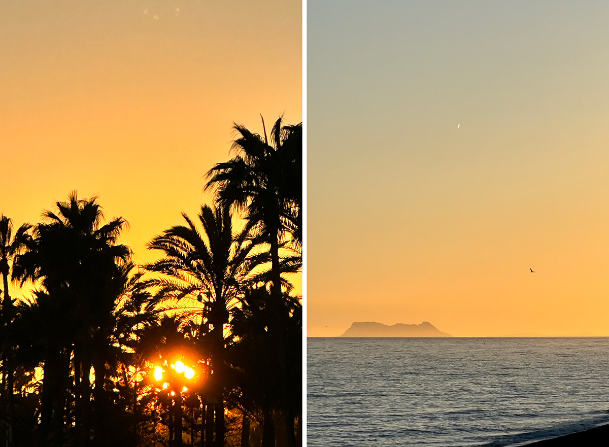 Two sunset photos. Left; sunset through palmtrees, right; sunset behind Gibraltar.