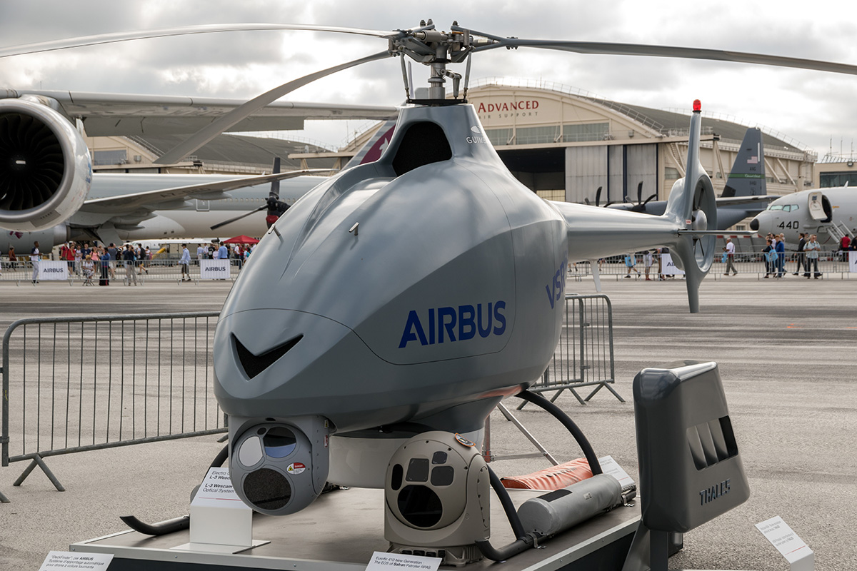 A VSR700 autonomous helicopter drone at the Paris Air Show, 2017